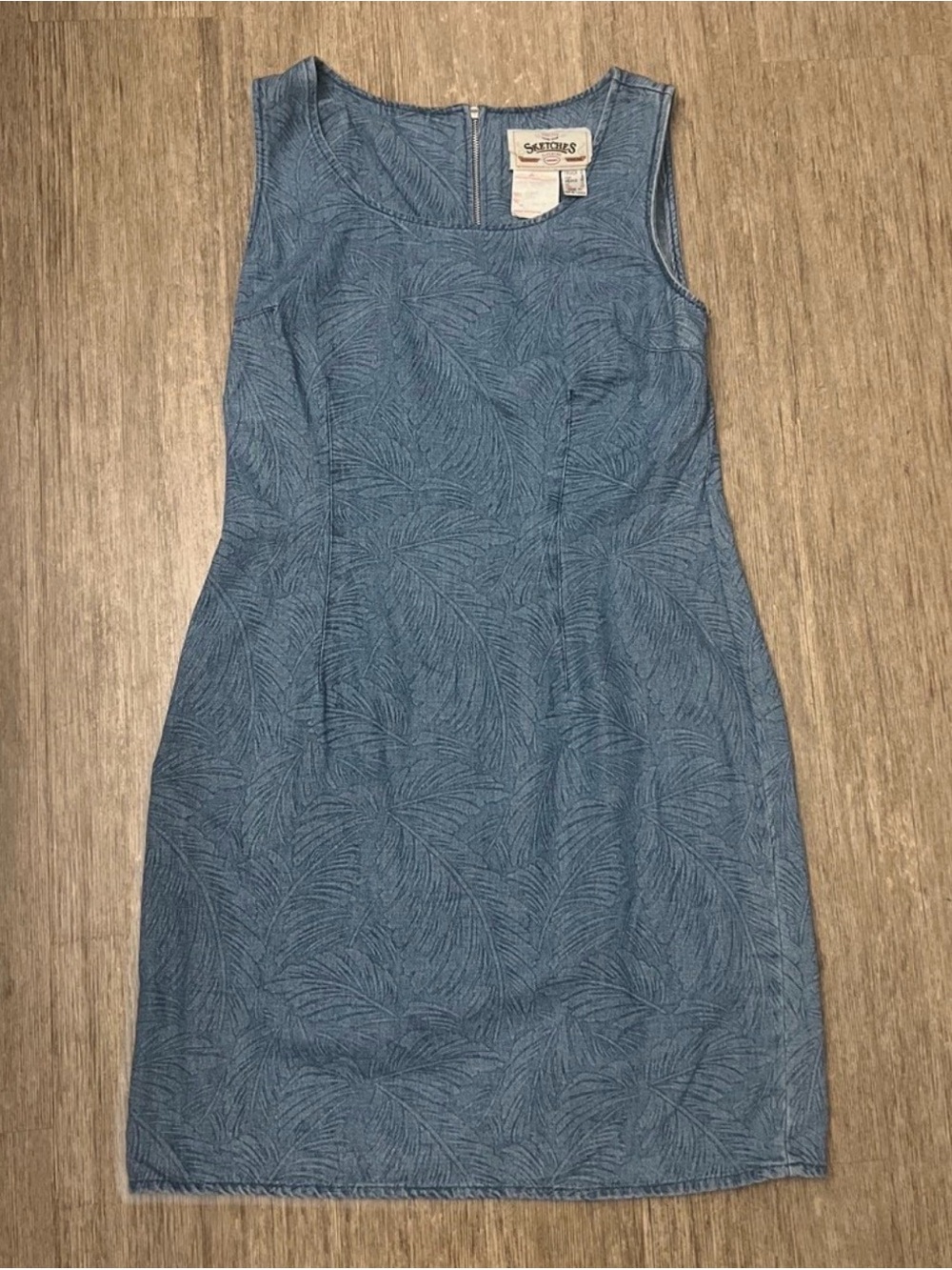 Vintage 80s Sleeveless Blue Textured Denim-Style Sheath Dress